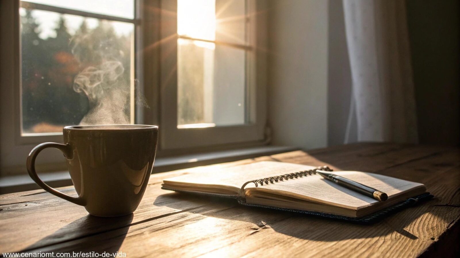 Cena tranquila de manhã com luz do sol entrando pela janela, iluminando uma xícara de café e um caderno sobre uma mesa de madeira, simbolizando um começo abençoado e fresco para a semana.