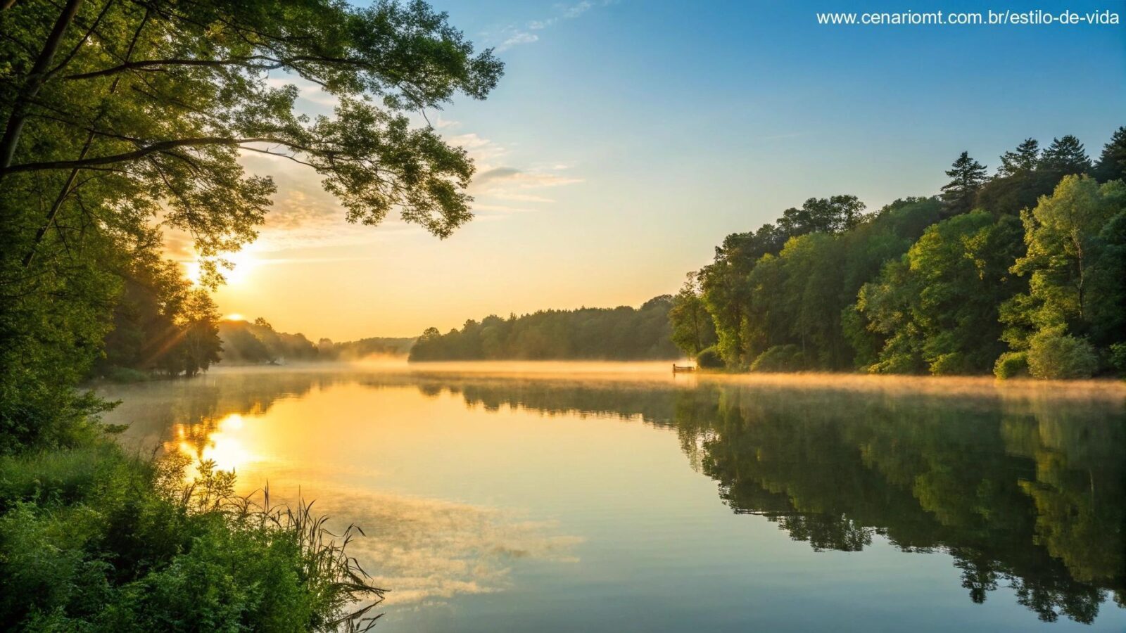 Nascer do sol tranquilo sobre um lago calmo com luz dourada refletindo na água, cercado por árvores verdes e céu azul