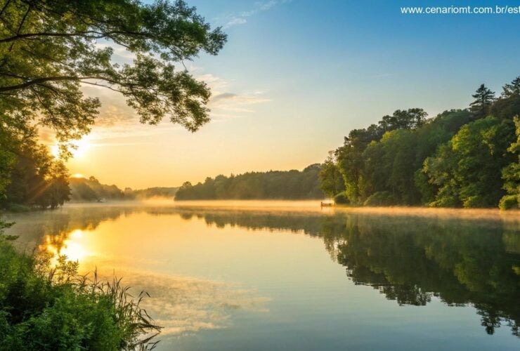 Nascer do sol tranquilo sobre um lago calmo com luz dourada refletindo na água, cercado por árvores verdes e céu azul