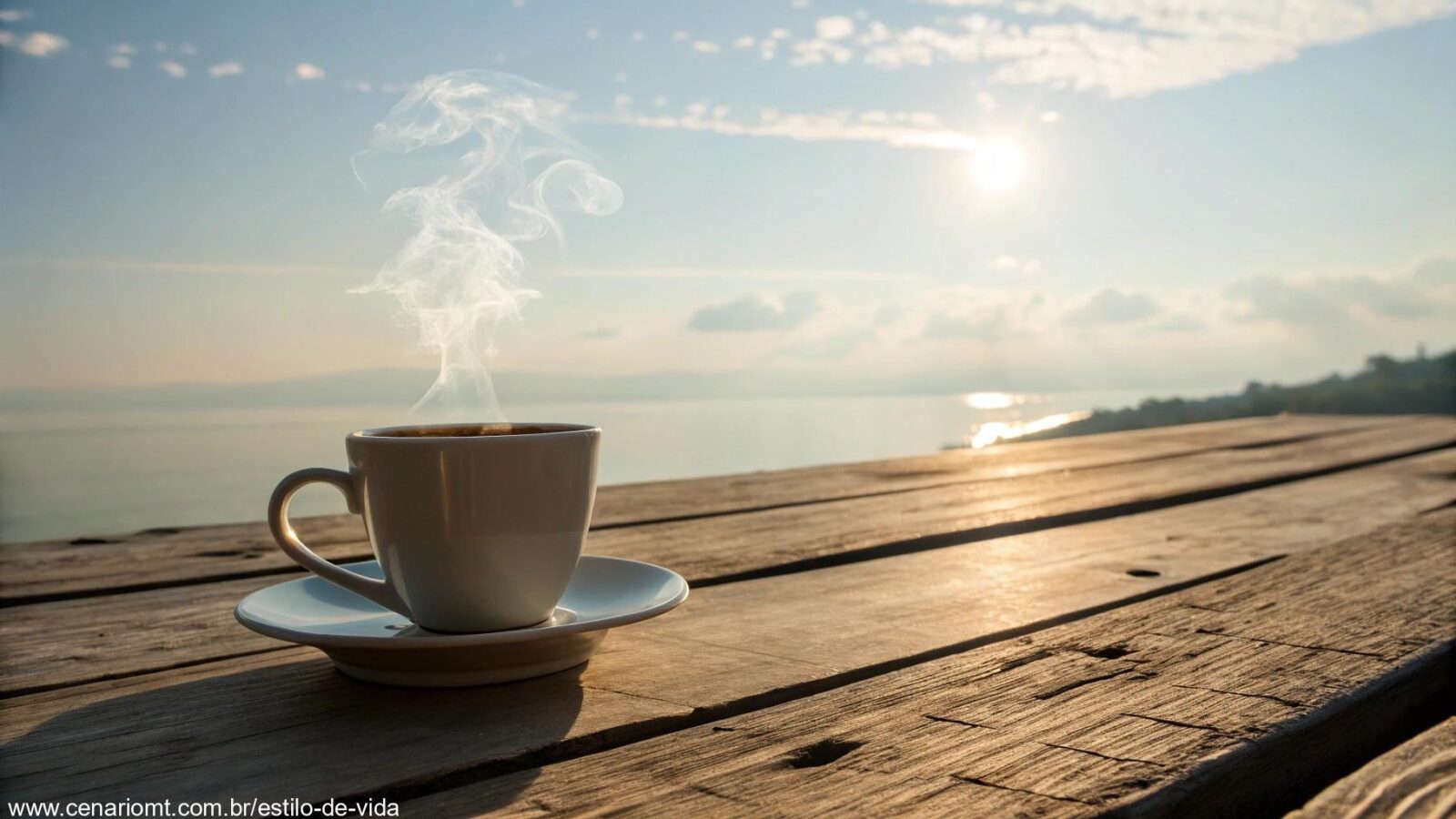 Cena tranquila de manhã com luz suave, uma xícara de café sobre uma mesa de madeira e um céu calmo ao fundo, simbolizando uma manhã abençoada na sexta-feira.