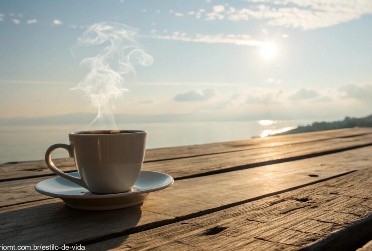 Cena tranquila de manhã com luz suave, uma xícara de café sobre uma mesa de madeira e um céu calmo ao fundo, simbolizando uma manhã abençoada na sexta-feira.