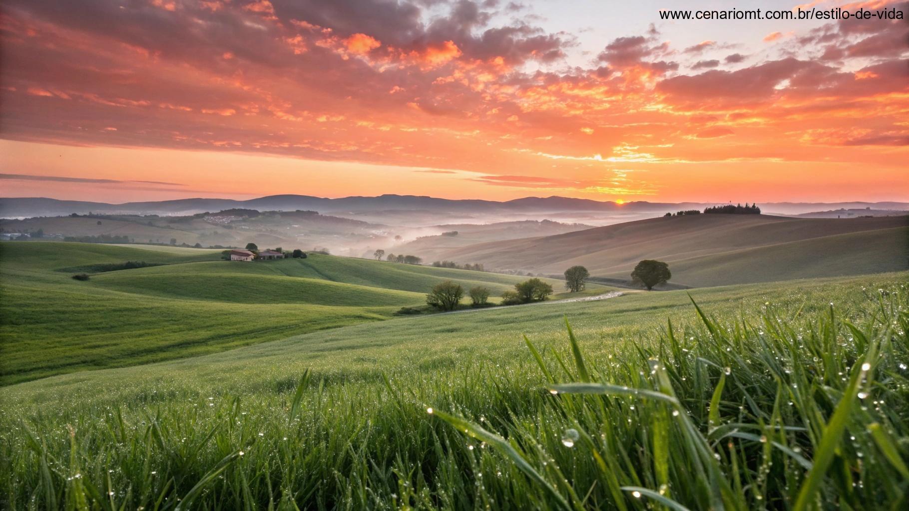 Um amanhecer vibrante sobre uma paisagem tranquila com colinas onduladas e orvalho na grama, refletindo uma sensação de bênção para a manhã de sexta-feira.