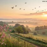 amanhecer tranquilo com flores e luz suave representando uma terça-feira abençoada