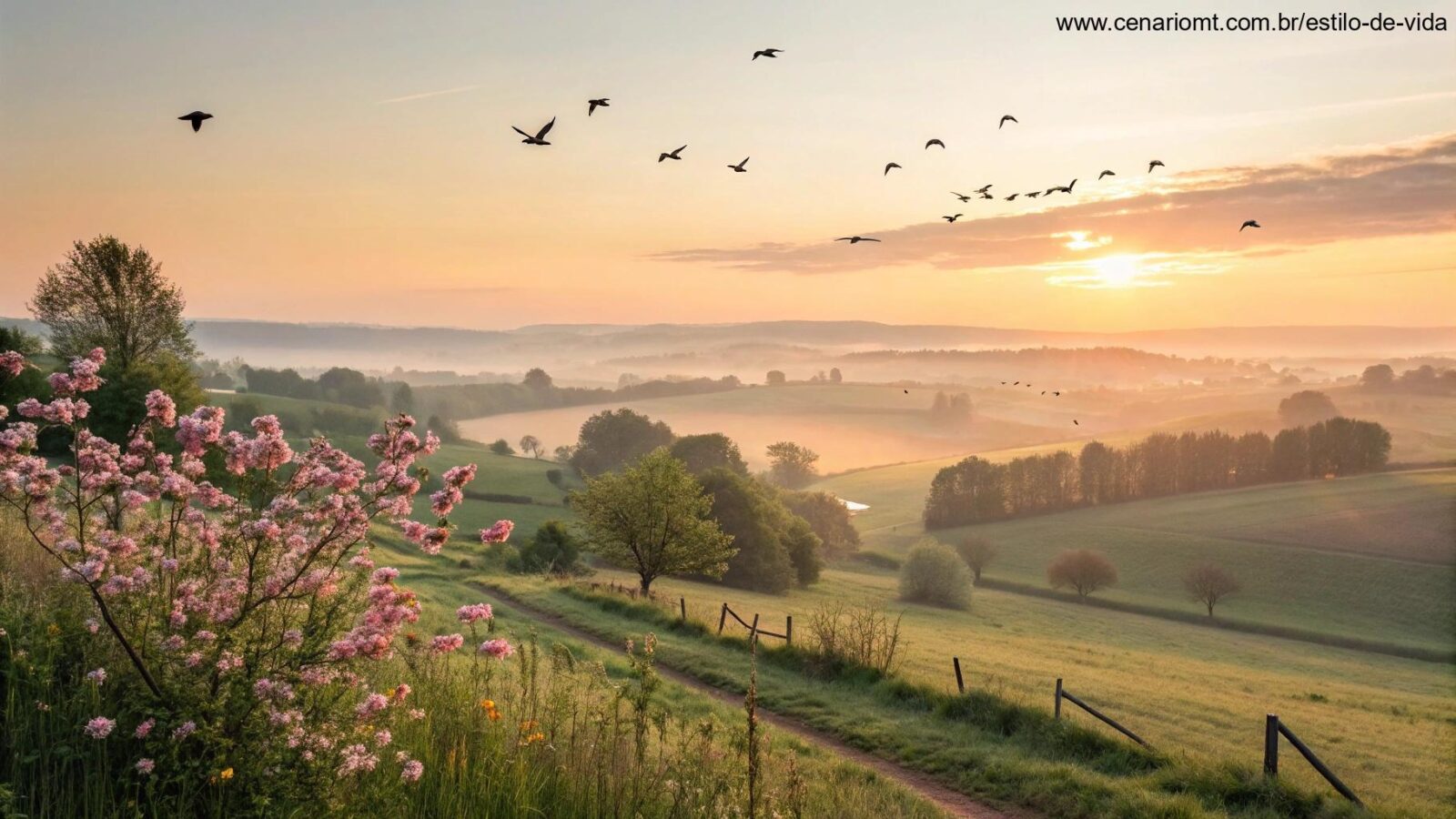 amanhecer tranquilo com flores e luz suave representando uma terça-feira abençoada