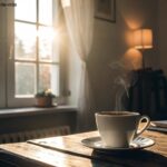 Cena tranquila de manhã com luz suave, uma xícara de café na mesa e uma atmosfera calma, simbolizando um começo abençoado e sereno para terça-feira, 15 de abril de 2025.