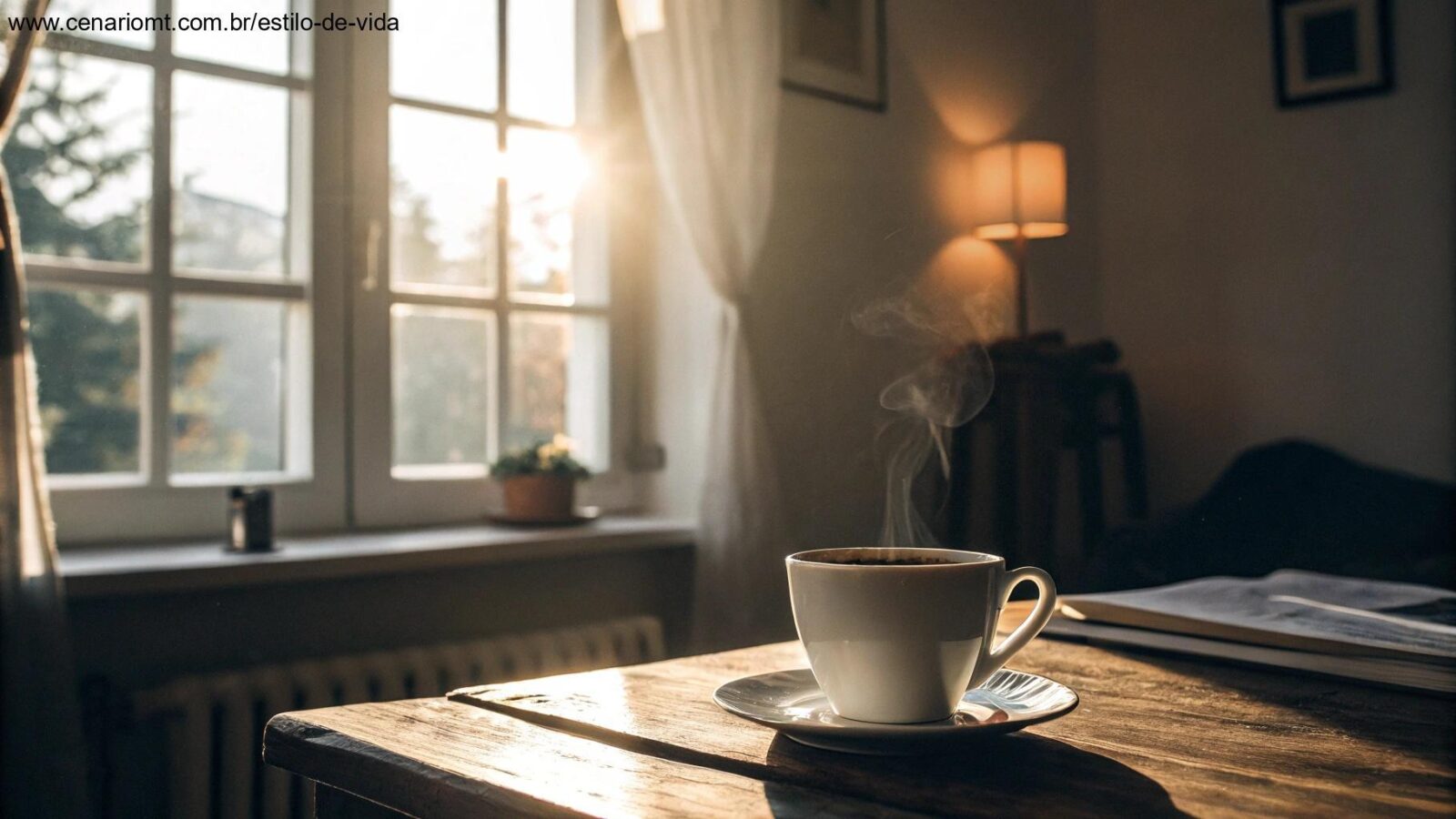 Cena tranquila de manhã com luz suave, uma xícara de café na mesa e uma atmosfera calma, simbolizando um começo abençoado e sereno para terça-feira, 15 de abril de 2025.
