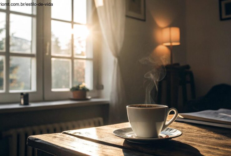 Cena tranquila de manhã com luz suave, uma xícara de café na mesa e uma atmosfera calma, simbolizando um começo abençoado e sereno para terça-feira, 15 de abril de 2025.