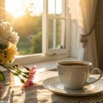 Cenário tranquilo de manhã com luz suave do sol iluminando uma xícara de café em uma mesa, rodeada por flores, criando uma atmosfera abençoada para a manhã de terça-feira.