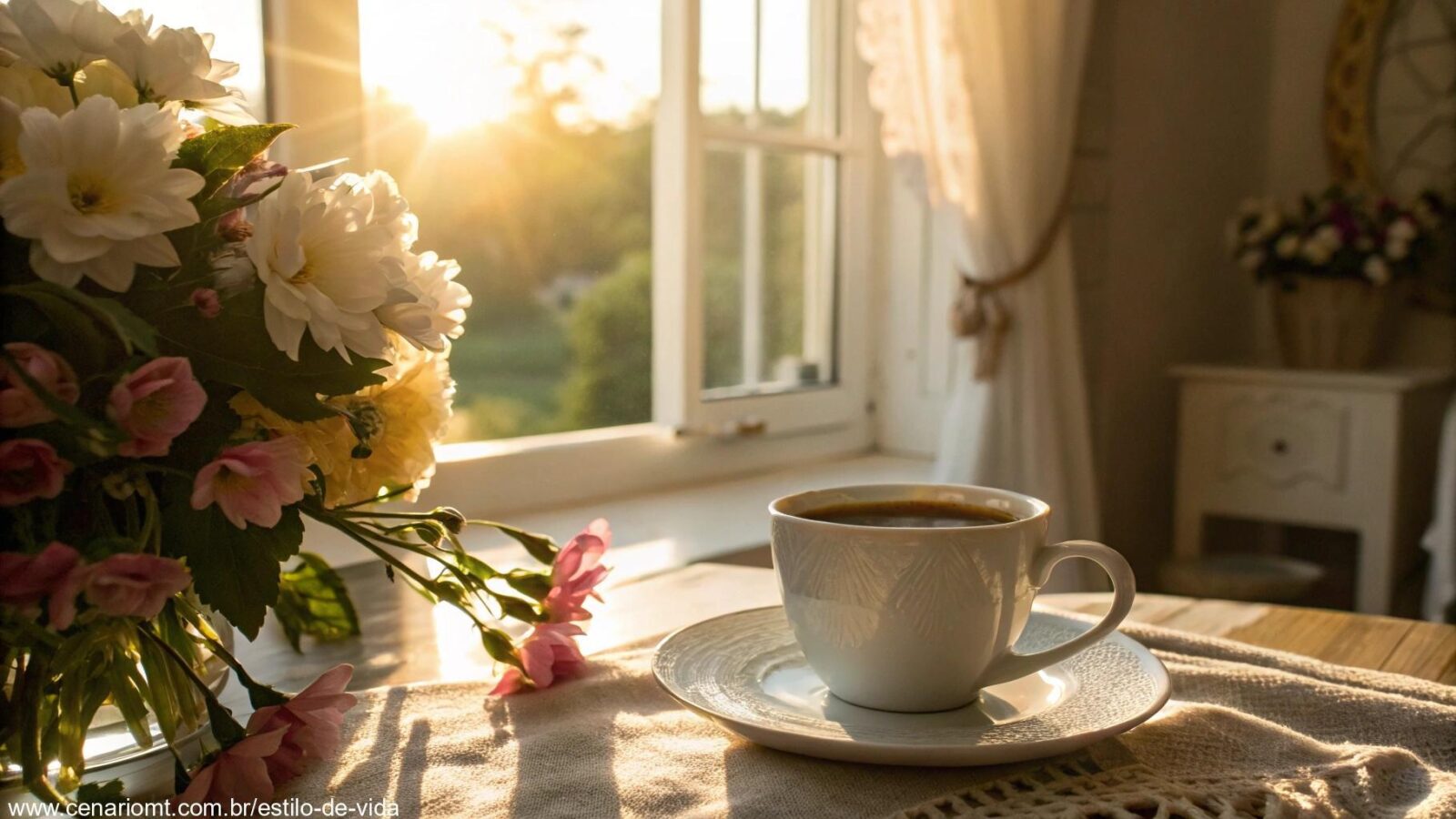Cenário tranquilo de manhã com luz suave do sol iluminando uma xícara de café em uma mesa, rodeada por flores, criando uma atmosfera abençoada para a manhã de terça-feira.