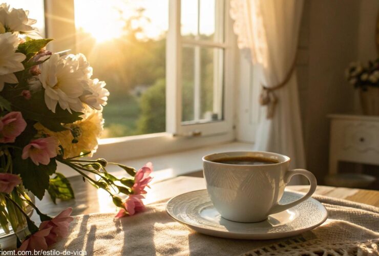 Cenário tranquilo de manhã com luz suave do sol iluminando uma xícara de café em uma mesa, rodeada por flores, criando uma atmosfera abençoada para a manhã de terça-feira.