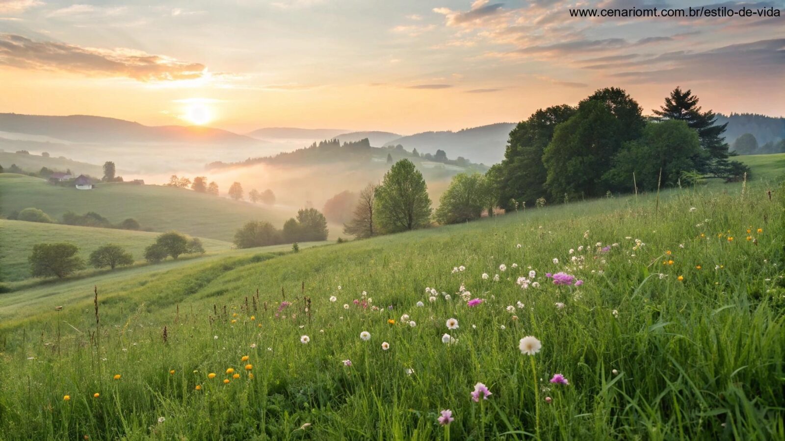 Amanhecer sereno sobre um campo verde com flores desabrochando, cores suaves e brisa leve