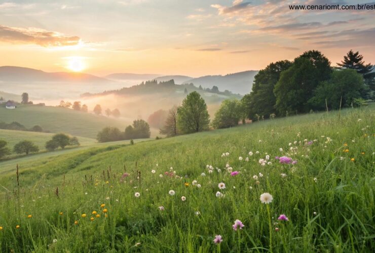 Amanhecer sereno sobre um campo verde com flores desabrochando, cores suaves e brisa leve