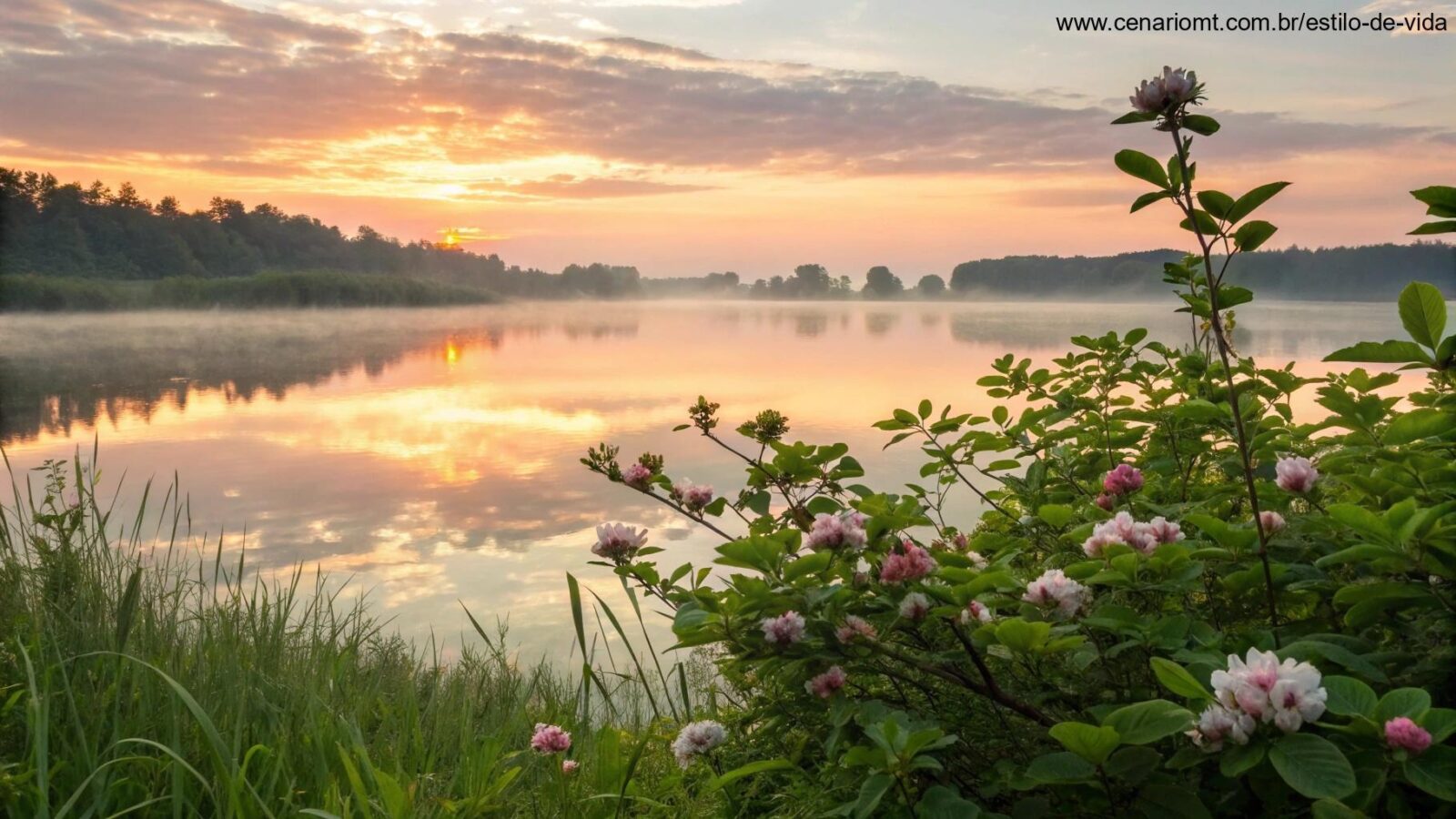Nascer do sol tranquilo sobre um lago com flores desabrochando e folhas verdes frescas
