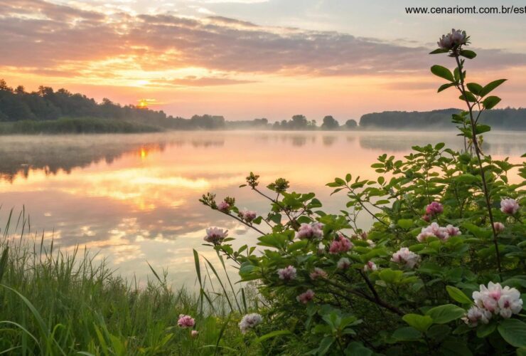 Nascer do sol tranquilo sobre um lago com flores desabrochando e folhas verdes frescas