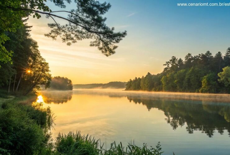 Nascer do sol tranquilo sobre um lago calmo com luz dourada refletindo na água, cercado por árvores verdes e um céu azul claro