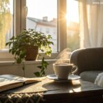 Uma manhã tranquila e acolhedora com luz suave do sol iluminando uma sala de estar aconchegante com uma xícara de café na mesa, um livro e uma planta no parapeito da janela.