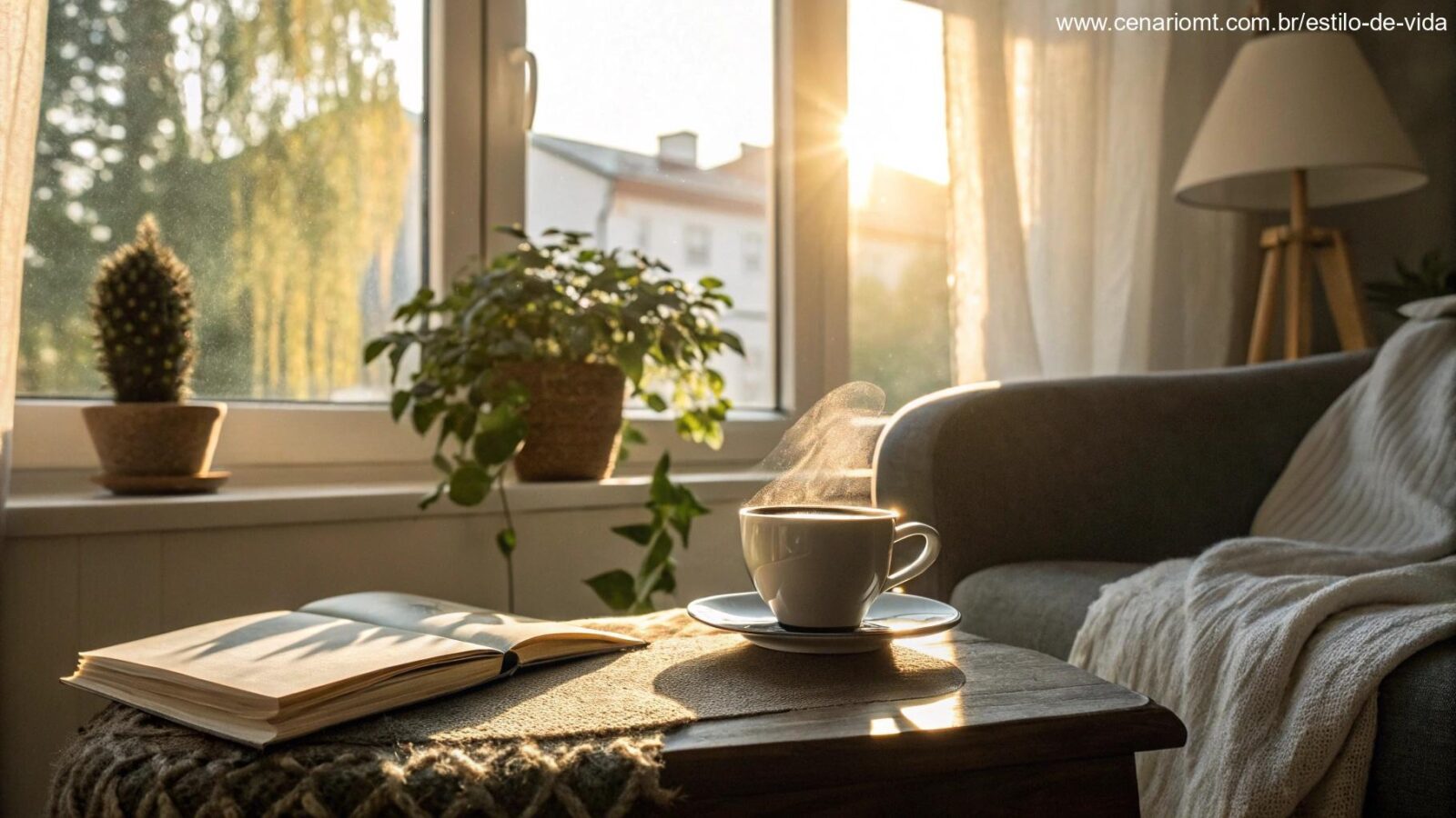 Uma manhã tranquila e acolhedora com luz suave do sol iluminando uma sala de estar aconchegante com uma xícara de café na mesa, um livro e uma planta no parapeito da janela.
