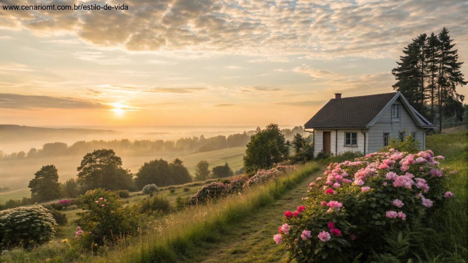 Imagem serena e acolhedora de uma manhã de domingo, com flores em flor e uma casa simples no horizonte.