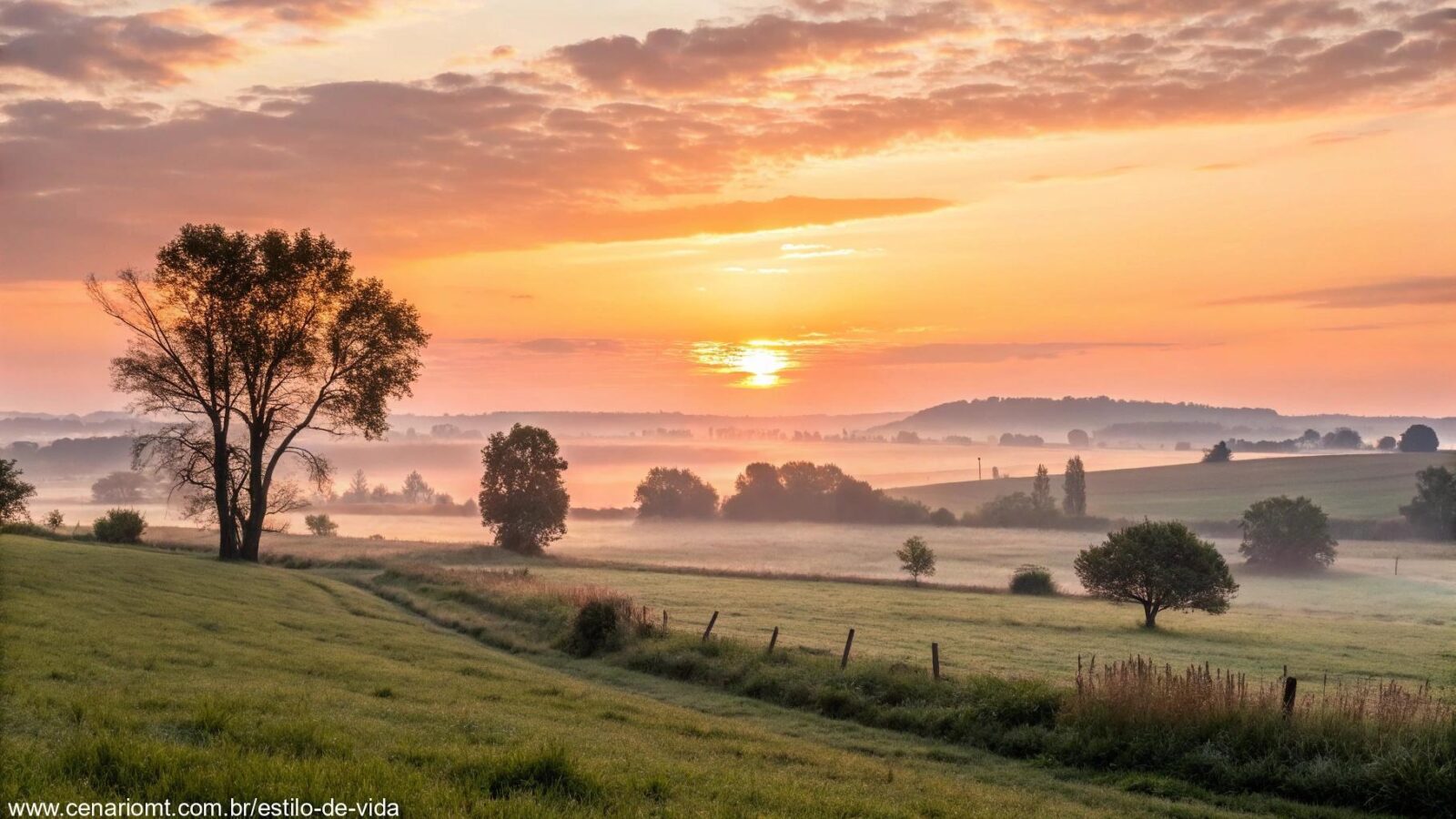 Amanhecer suave iluminando um campo tranquilo, trazendo sentimentos de esperança e positividade para o domingo.