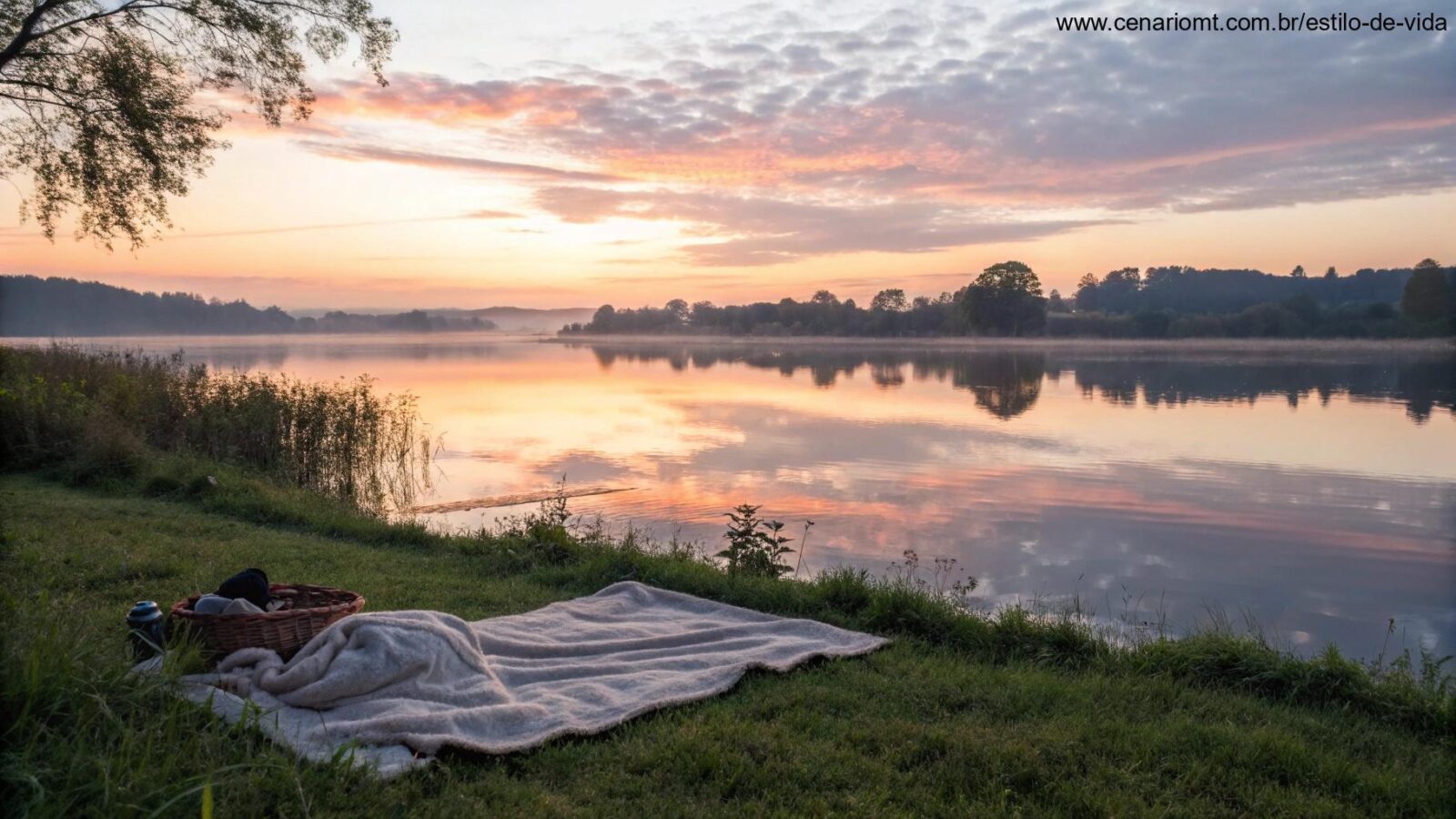 Amanhecer sereno sobre um lago calmo com cores suaves no céu