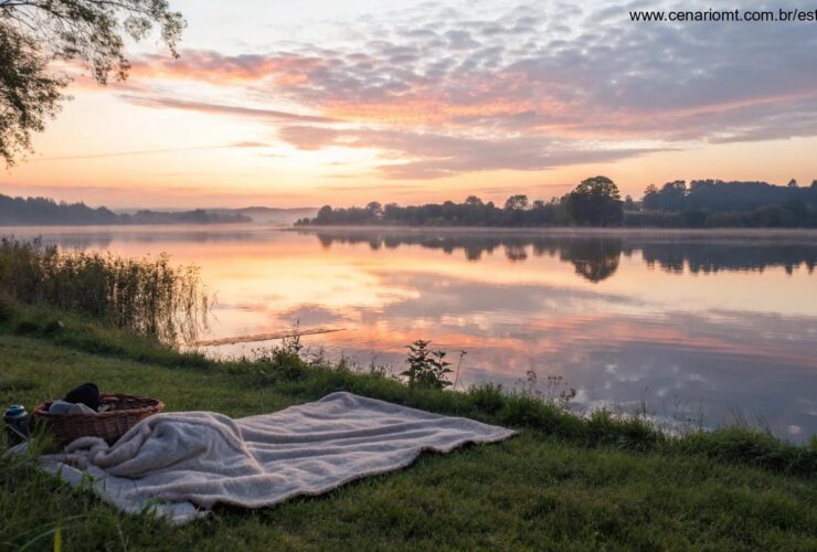 Amanhecer sereno sobre um lago calmo com cores suaves no céu