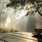 Cena de manhã tranquila com luz suave do sol filtrando pelas árvores, uma xícara de café sobre uma mesa de madeira e névoa leve no ar.