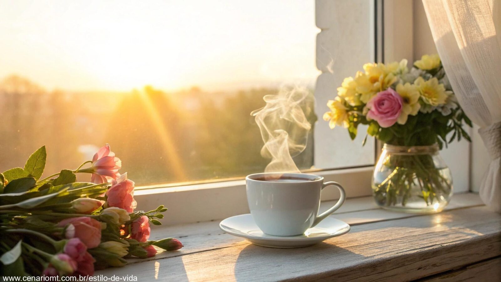 Mensagem de bom dia com carinho para quarta-feira 23/04/2025, com uma cena acolhedora e ensolarada