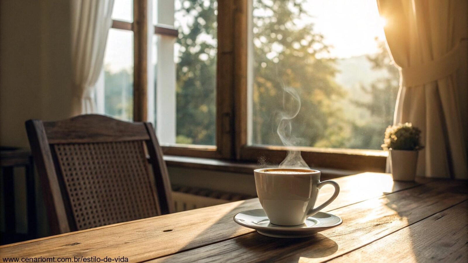 Cena tranquila de manhã com uma xícara de café em uma mesa de madeira e luz suave entrando pela janela, transmitindo uma sensação de cuidado e positividade para a quarta-feira, 30/04/2025.