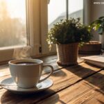 Cena aconchegante de bom dia com xícara de café e luz do sol suave