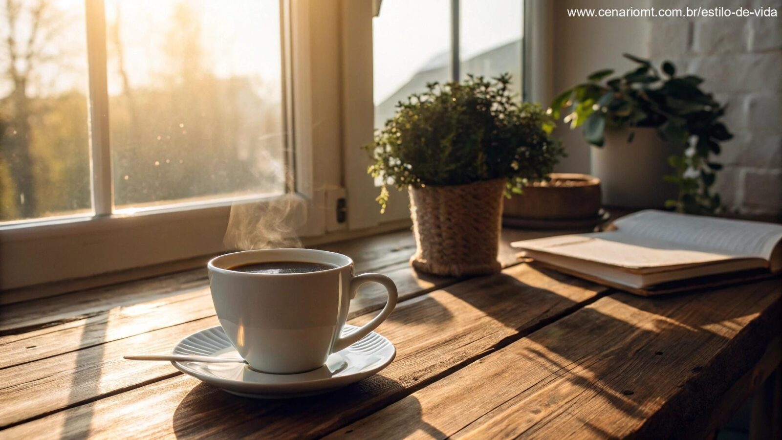 Cena aconchegante de bom dia com xícara de café e luz do sol suave