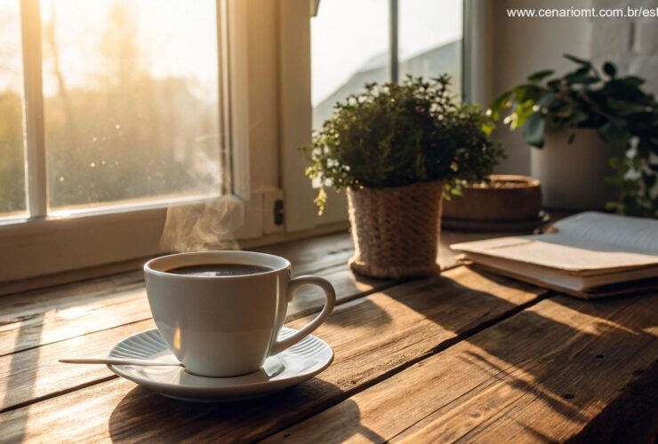 Cena aconchegante de bom dia com xícara de café e luz do sol suave