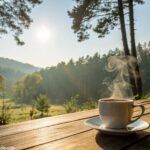 Imagem de uma manhã tranquila com luz suave filtrando pelas árvores e uma xícara de café, simbolizando carinho e serenidade para a quinta-feira.