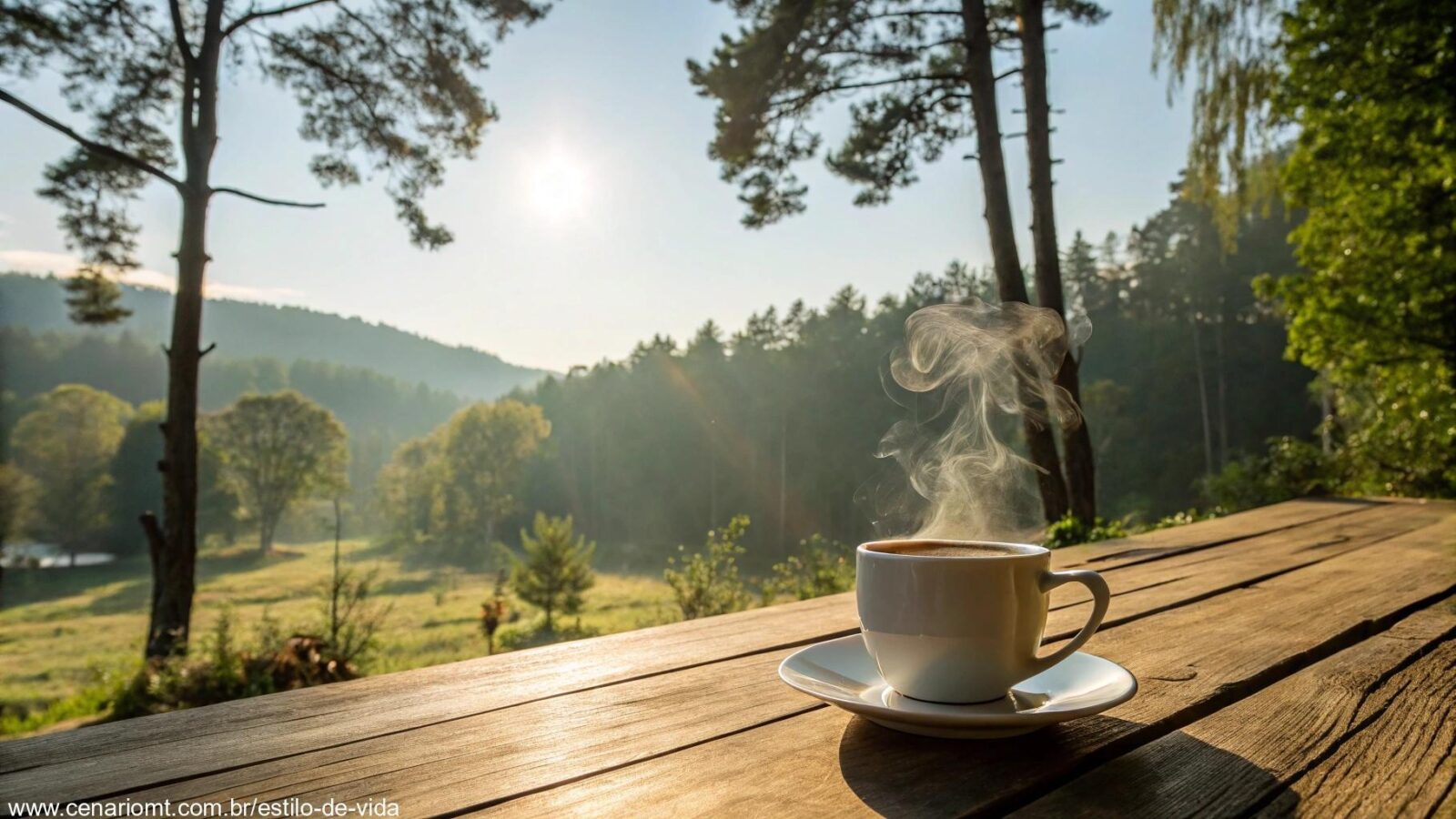Imagem de uma manhã tranquila com luz suave filtrando pelas árvores e uma xícara de café, simbolizando carinho e serenidade para a quinta-feira.