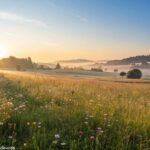 Imagem suave e acolhedora de uma manhã com paisagem tranquila, luz suave do sol sobre um campo com flores delicadas e céu azul claro.