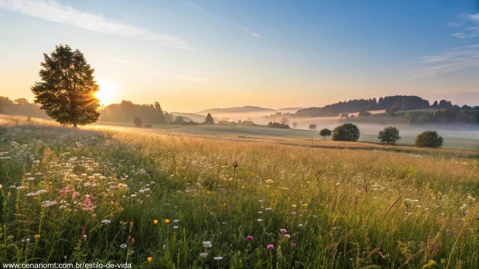Imagem suave e acolhedora de uma manhã com paisagem tranquila, luz suave do sol sobre um campo com flores delicadas e céu azul claro.