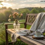 Cena matinal tranquila com luz solar suave, café e flor em um jardim sereno