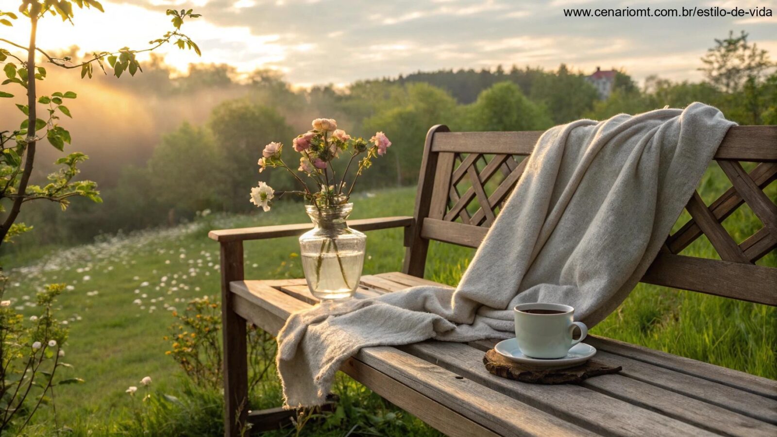 Cena matinal tranquila com luz solar suave, café e flor em um jardim sereno