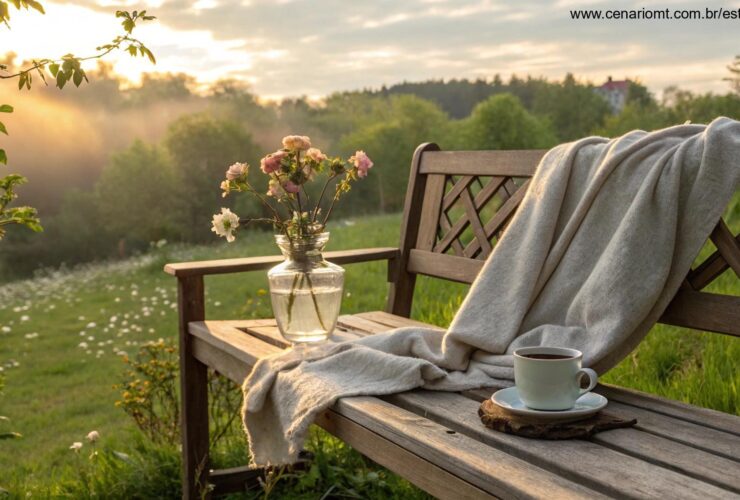 Cena matinal tranquila com luz solar suave, café e flor em um jardim sereno