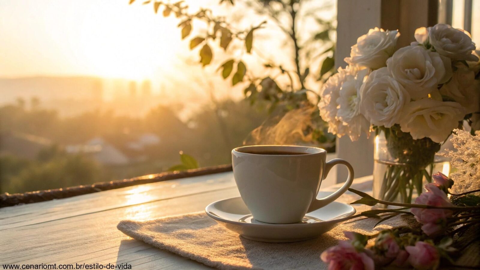Imagem de uma manhã tranquila com luz suave, uma xícara de café e flores delicadas, transmitindo carinho e paz.