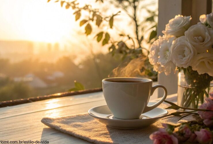 Imagem de uma manhã tranquila com luz suave, uma xícara de café e flores delicadas, transmitindo carinho e paz.