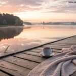 Amanhecer tranquilo sobre um lago calmo com cores suaves no céu e uma xícara de café em um cais de madeira