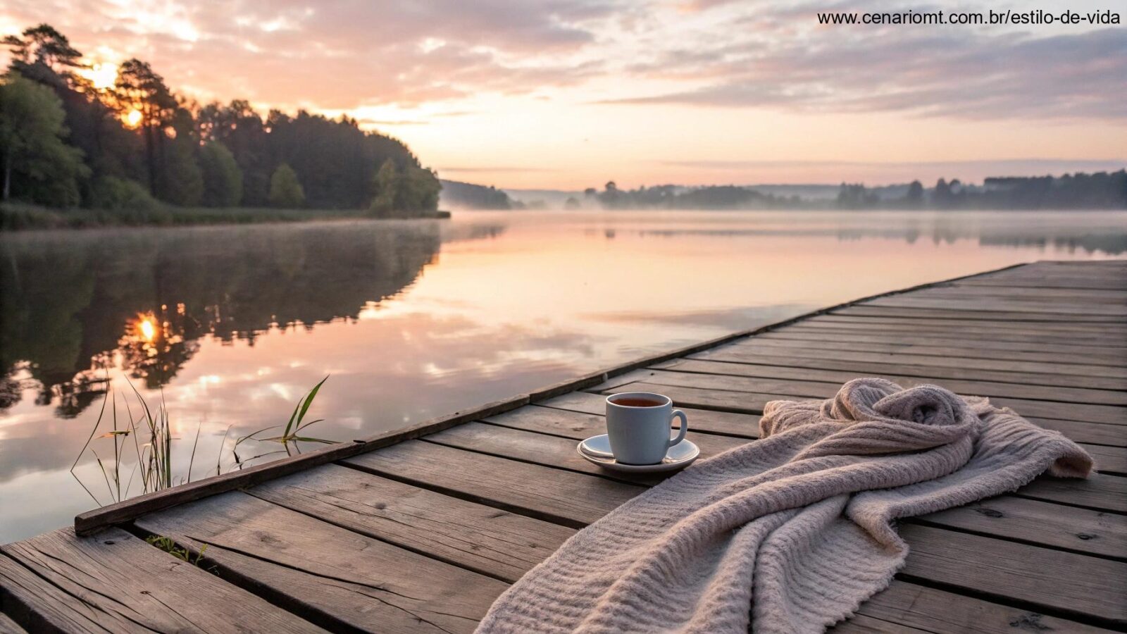 Amanhecer tranquilo sobre um lago calmo com cores suaves no céu e uma xícara de café em um cais de madeira