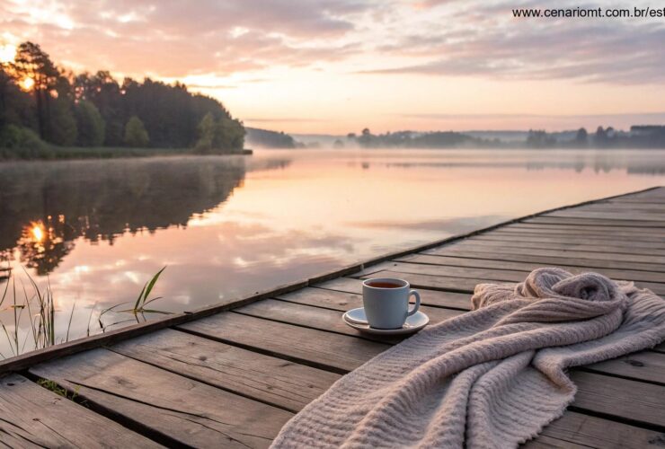 Amanhecer tranquilo sobre um lago calmo com cores suaves no céu e uma xícara de café em um cais de madeira
