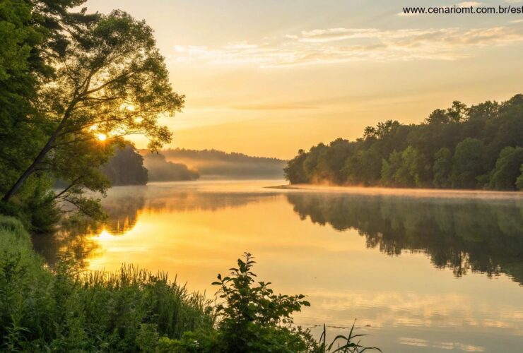 Imagem de um amanhecer tranquilo sobre um lago sereno, simbolizando o começo de uma nova semana.