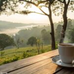 Mensagem de bom dia com carinho para segunda-feira, com uma cena tranquila de manhã e uma xícara de café.