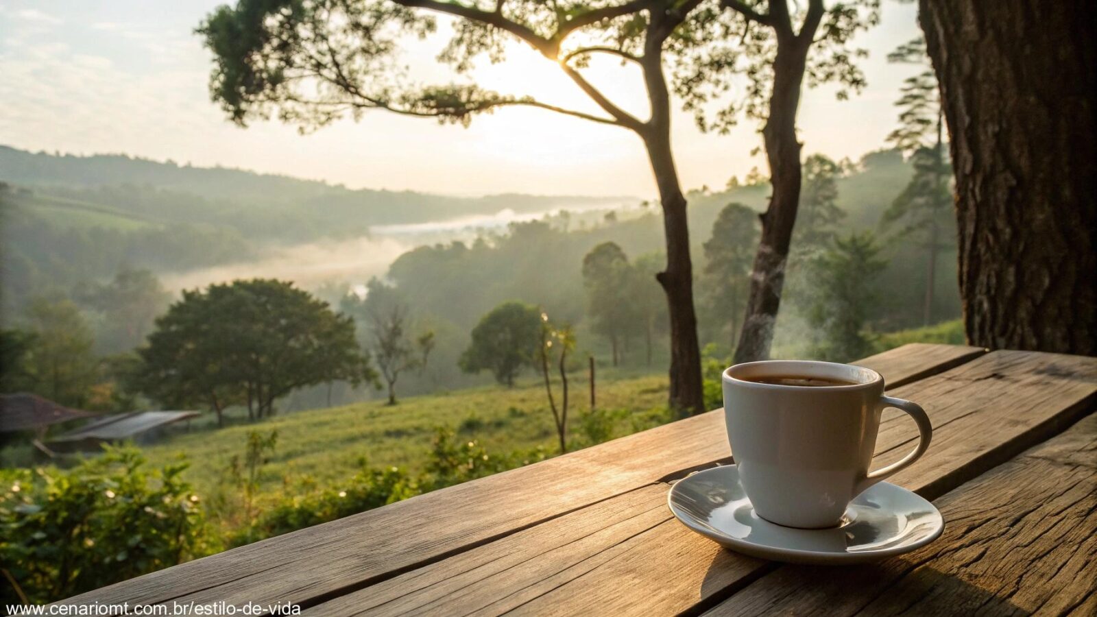 Mensagem de bom dia com carinho para segunda-feira, com uma cena tranquila de manhã e uma xícara de café.
