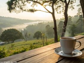 Mensagem de bom dia com carinho para segunda-feira, com uma cena tranquila de manhã e uma xícara de café.
