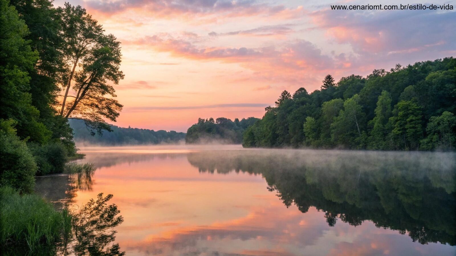 Nascer do sol tranquilo sobre um lago calmo com tons suaves de rosa e laranja refletindo na água, cercado por árvores verdes exuberantes e uma névoa suave subindo da superfície