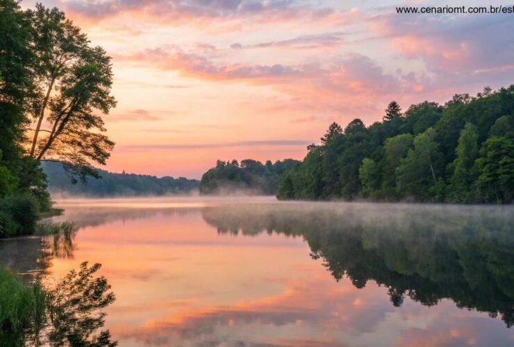 Nascer do sol tranquilo sobre um lago calmo com tons suaves de rosa e laranja refletindo na água, cercado por árvores verdes exuberantes e uma névoa suave subindo da superfície