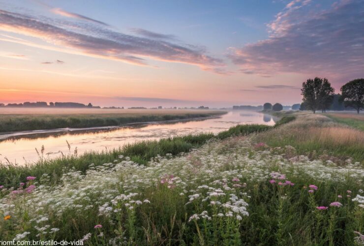Imagem de um amanhecer sereno sobre uma paisagem calma, com luz suave iluminando um campo de flores.